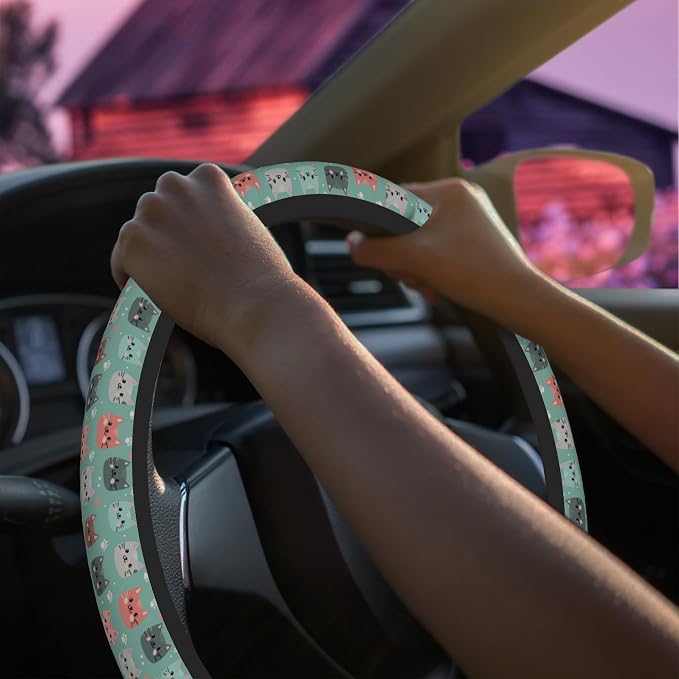Cute Cat Face Steering Wheel Cover for Women Men Neoprene Breathable Wheel Cover Protector Anti-Slip Car Accessories Universal 15 Inch Fit for Cars Trucks Vehicles
