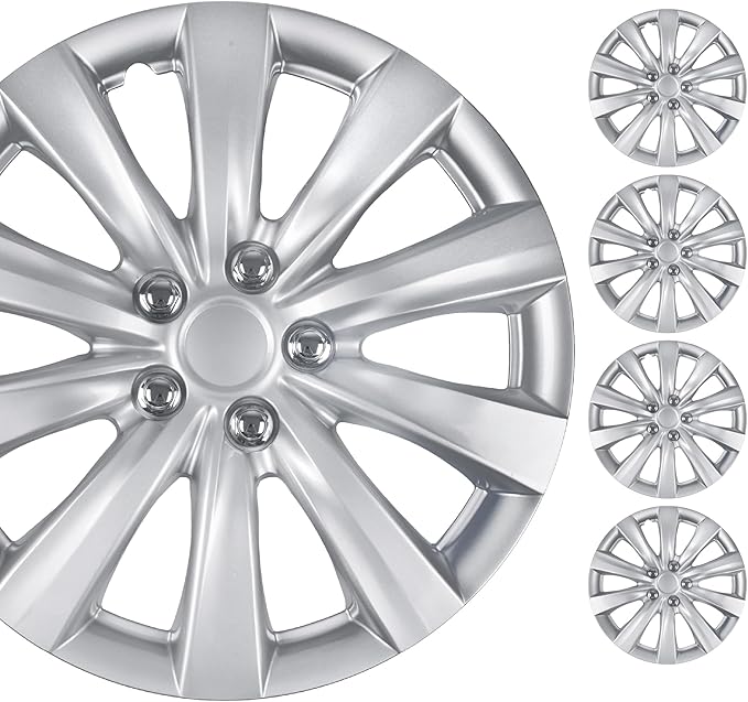 16 Inch Hubcaps Set of 4 - OEM Replacement Snap-On Wheel Rim Covers - Universal Fit Car Wheel Cover for Cars, Trucks, SUV, Vans Durable ABS Silver 10-Spoke Hub-Cap Car Accessories Exterior