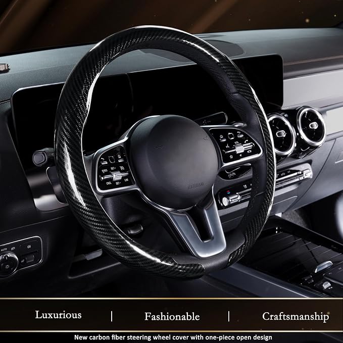 Car Steering Wheel Cover Carbon Fiber, Ultra-Thin Car Steering Wheel Cover,Comfortable & Breathable Microfiber,Universal Fit for Most Cars, Bright Black