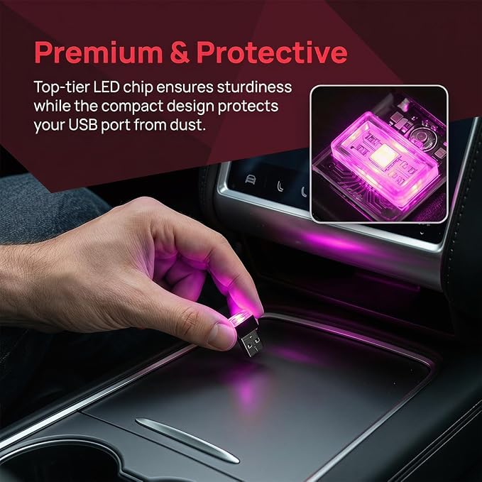 4PCS USB LED Car Interior Atmosphere Lamp, Portable Mini, Purple | 5V USB-A plug-in, soft accent glow, no wiring, decor night light, car accessories for cars, SUVs, trucks