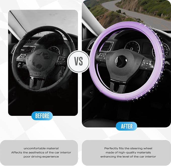 Bling Steering Wheel Cover – Purple Diamond Design, Universal Fit 14.5-15 Inch, Microfiber Leather, Anti-Slip & Breathable Design for Men and Women