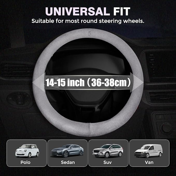 Winter Steering Wheel Cover, Microfiber Suede Car Steering Wheel Covers with Anti-Slip Lining, Breathable Elastic Car Steering Wheel Protector Soft, Universal Standard Size 14-15 inch