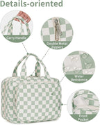 Travel Toiletry Bag for Women Large Capacity, Hanging Makeup Bag Organizer Toiletries Bag for Full Size Essentials, Accessories, Brushes, Cosmetics (Mint Green Checkerboard (Large))
