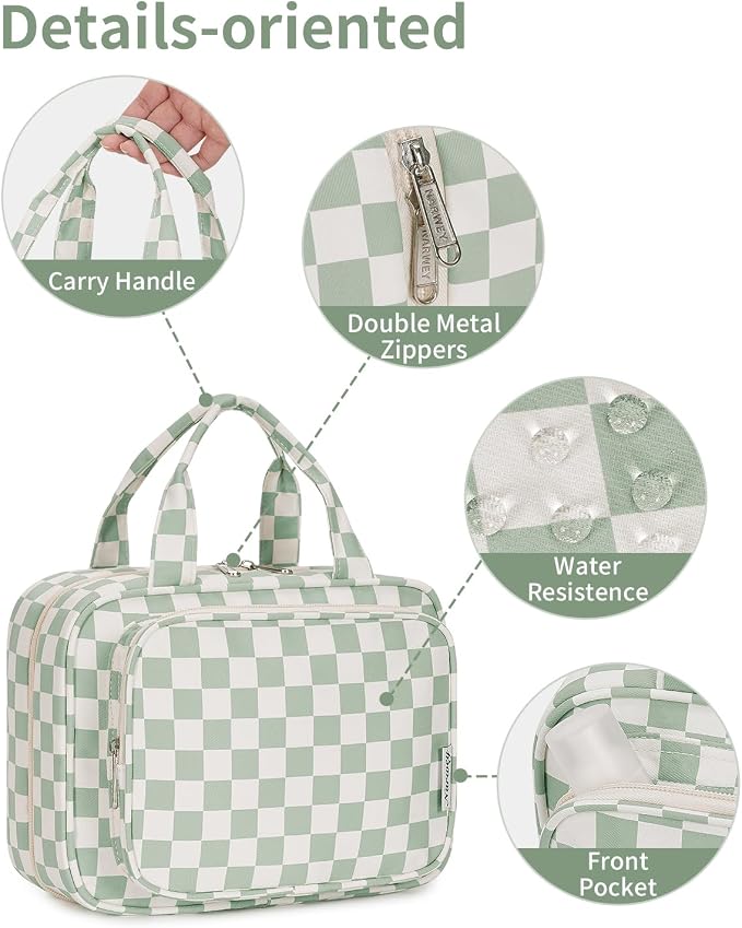 Hanging Toiletry Bag for Women Travel Checkered Makeup Bag Organizer Toiletries Bag for Travel Size Essentials, Accessories, Brushes, Cosmetics (Green Checkerboard (Medium))