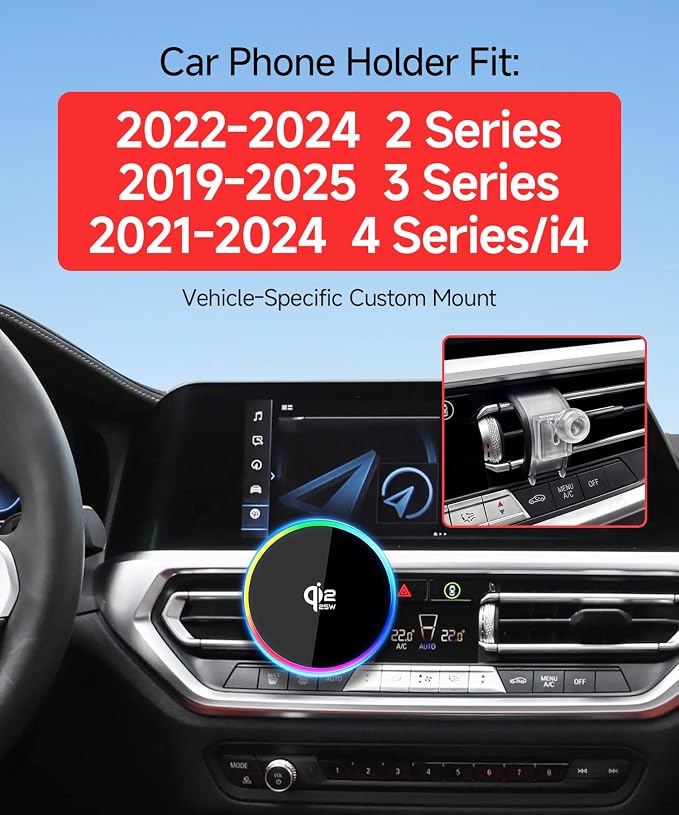 Qi2.2 25W Wireless Charger Car Phone Mount for BMW 2/3/4 Series 2022-2024 | 3 Series 19-25,4 Series/i4 21-24, Magsafe Accessories Fast Charging Magnetic Cell Phone Holder Compatible with iPhone Android