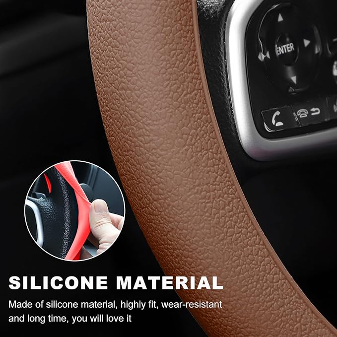 Car Steering Wheel Cover, 13 to 14.17 inches Anti-Slip Silicone Steering Wheel Protector, Soft Flexible Shock-Absorbent Steering Wheel Protective Cover for Most Car Models (Brown)