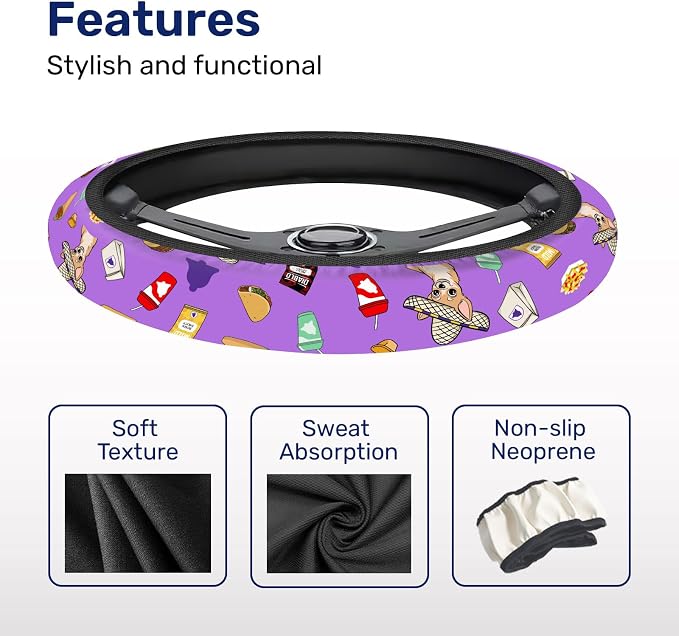 Purple Fast Food Icon Steering Wheel Cover, Polyester Car Wheel Grip, Universal 15 Inch for Cars SUVs Trucks