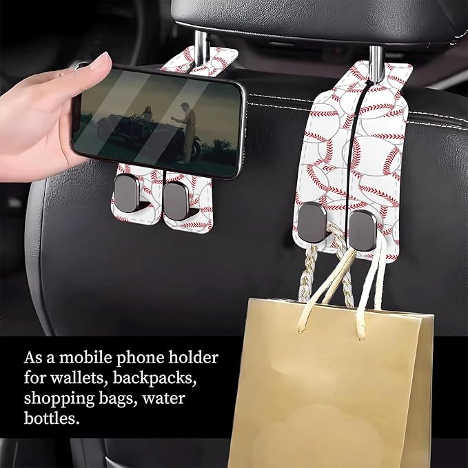 Car Seat Headrest Hook, Universal Leather Cute Hanger Holder Hook, Storage Organizer Interior Accessories for Purse Bags Handbag Cute Baseball