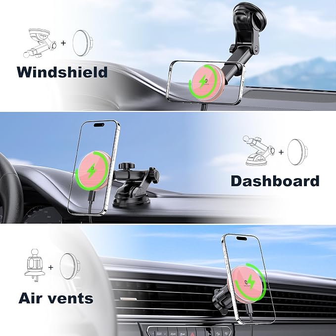 for Mag-Safe Car Mount Charger, Magnetic Phone Holder for Your Car Charger Dash Windshield Vent Magnetic Wireless Car Charger Mount for iPhone 17 16 15 14 13 12 Pink
