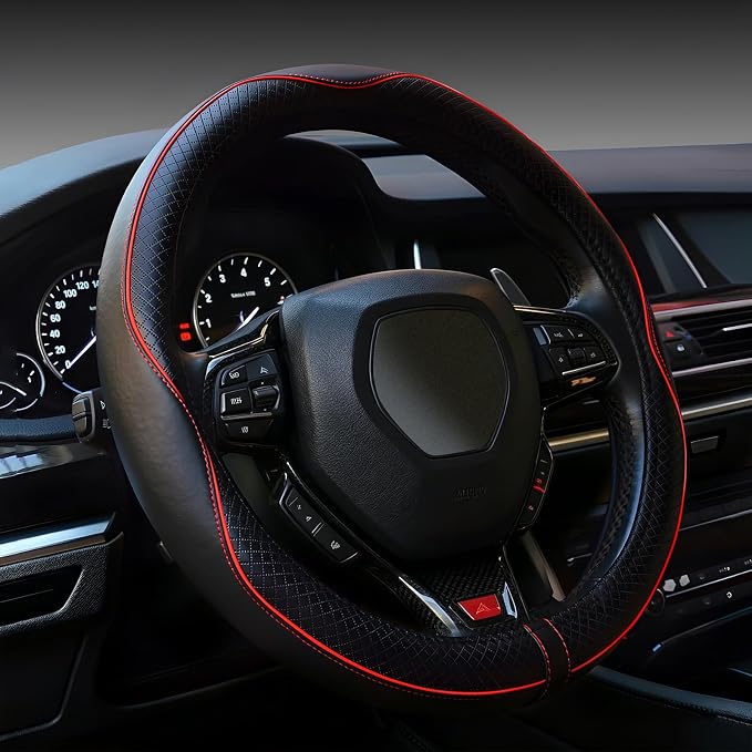 Microfiber Leather Steering Wheel Cover, Universal 14.5-15 Inch,Anti Slip,Heavy Duty, Thick,Soft,Breathable Car Interior Accessories for Men Women (Black with Red line)