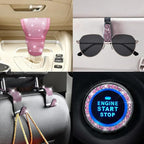 11PCS/Set Bling Car Accessories Set for Women, Rhinestone Vehicle Steering Wheel Cover Seat Belt Cushion Gear Shift Protector Cup Holder Coaster, Universal Automotive Accessories (All Pink)