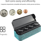 carleef Bling Coin Holder for Car,4 Compartment Car Organizers and Storage with Rhinestones Compatible with Quarter/Nickel/Pennies/Dimes,Universal Coin Organizer for Car SUV Truck (Blue)