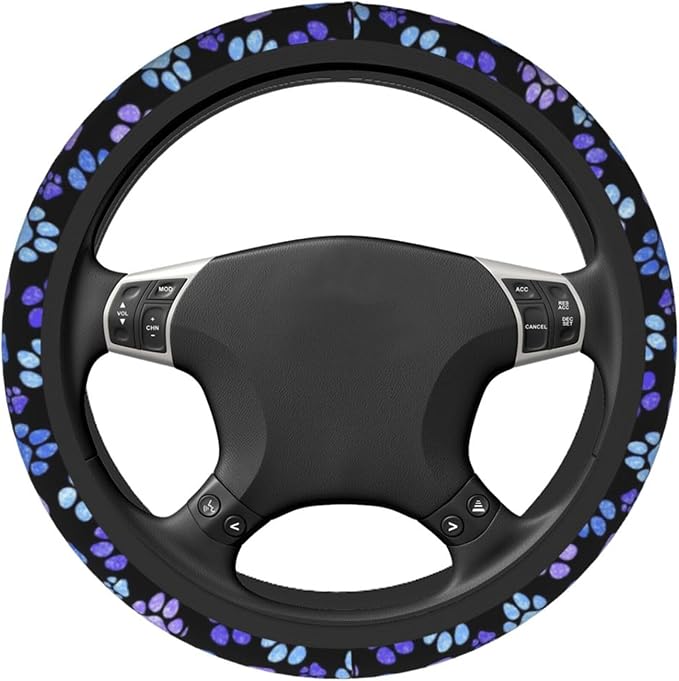 Paw Prints Steering Wheel Cover - Purple Dog Paw Steering Wheel Cover Anti-Slip Breathable 15 Inch Universal 2 Pcs Car Interior Cup Holder Pad for Men Women