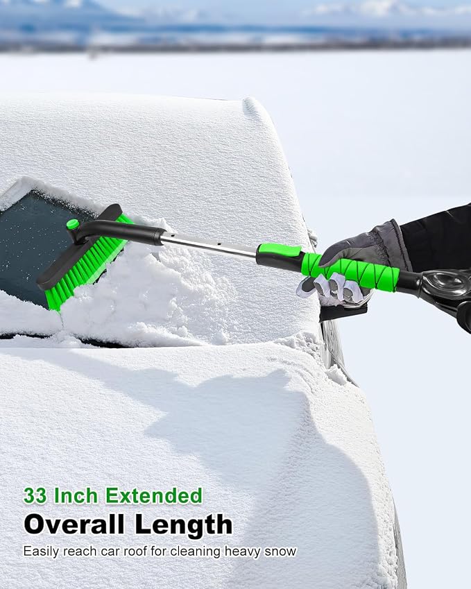 33 Inch Ice Scraper with Snow Brush for Car Windshield, Extendable Snow Scraper and Brush with Foam Grip for Truck SUV Vehicle Window - Green