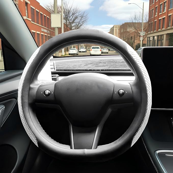 Flat Bottom Steering Wheel Cover, D Shaped Car Wheel Cover 14 1/2-15 in. (37-39 cm), Black White Embossed Microfiber Leather