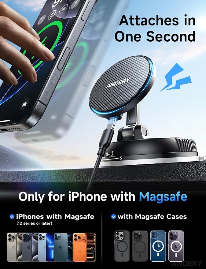 Only for iPhone Magsafe Car Mount Charger [15W Fast Wireless Charge, 78+LBS Strong Suction & 2400gf Magnetic] 360° Adjustable Car Phone Holder, Phone Holders for Your Car Dash Accents Accessory