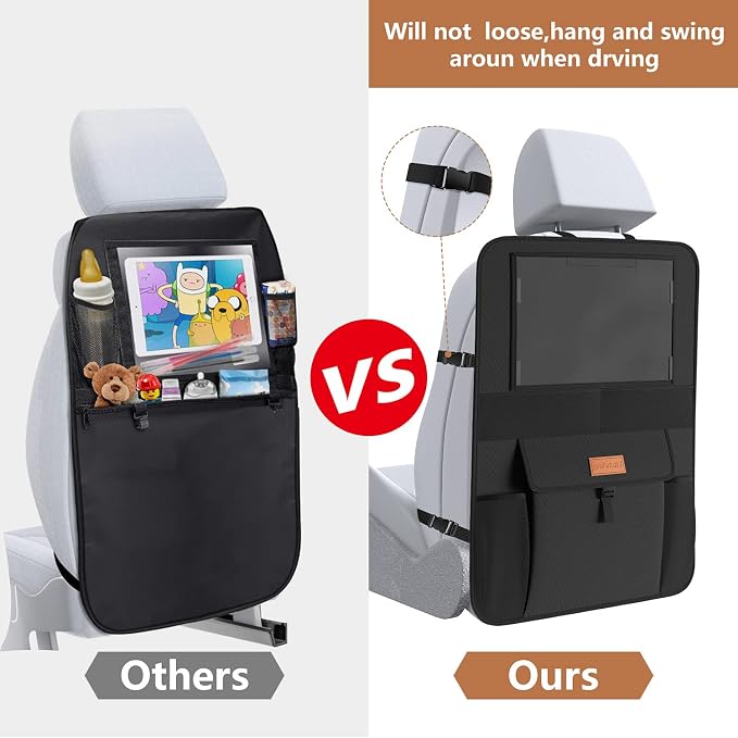 Non-Slip Backing Backseat Car Organizer Kick Mat with Storage Pockets, Large Waterproof Baby Car Seat Protector for Leather and Fabric (Black)