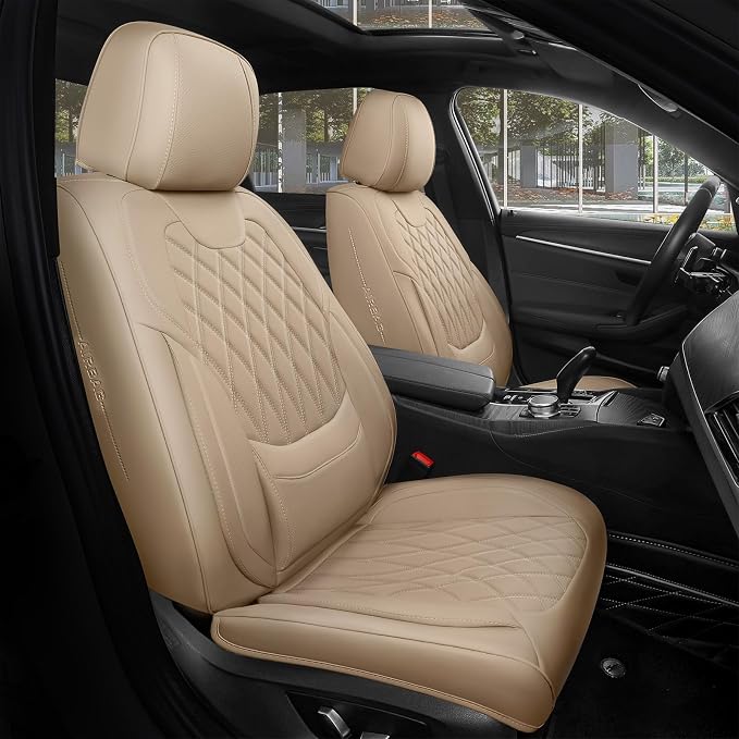 Front Car Seat Covers - Luxury Breathable Waterproof Faux Leather Car Seat Cushion Protector with Lumbar Support, Universal Fit for Most 5 Seats Vehicles, Sedans, Hatchbacks, and Trucks, Beige