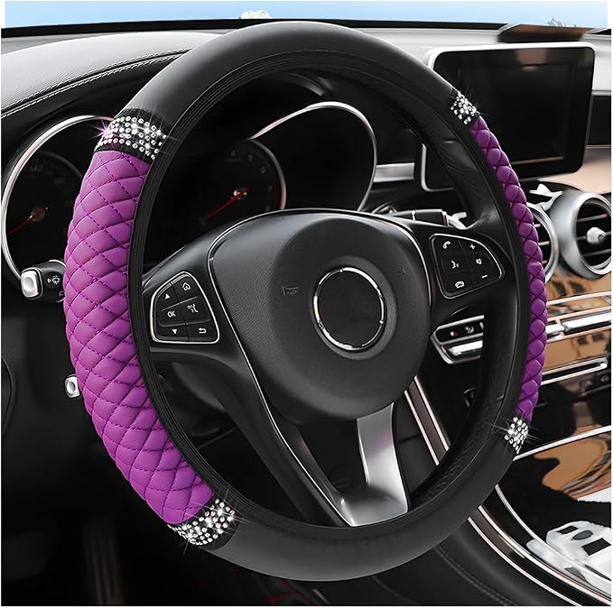 Bling Car Steering Wheel Cover, 15 Inch Rhinestones Soft Leather Elastic Steering Wheel Protector, Sparkly Crystal Diamond for Women Girls, Car Interior Accessories for Most Cars (Purple)
