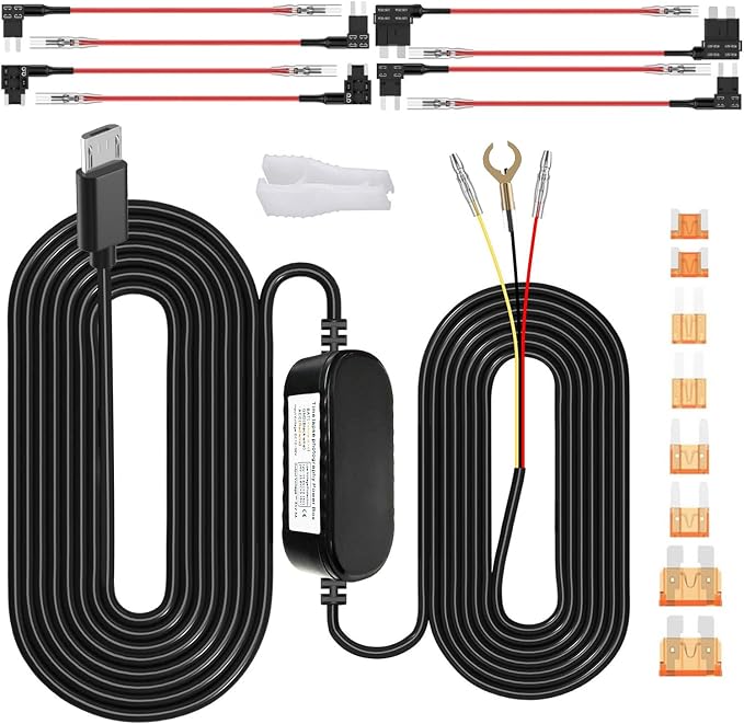 Dash Cam Hardwire Kit, Car Dash Camera Micro Charger Hard Wire Kit for Dashcam DC 12-24V to 5V/2.5A Low Voltage Protection 24h Parking Surveillance with Fuse Tap