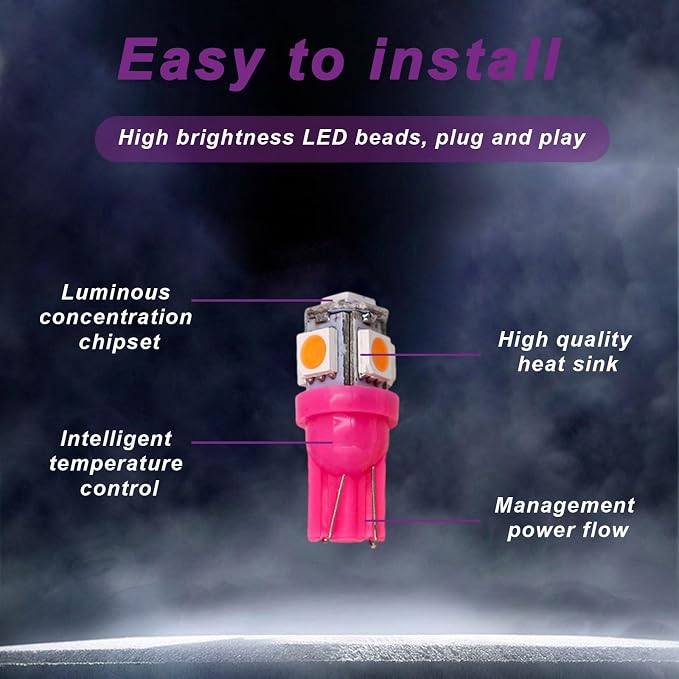 10 PCS Car Interior LED Light Bulb, T10 5050 5SMD LED Car Bulb Kit, Super Bright Automotive Led Replacement Bulbs for Dashboard Dome Map Door Courtesy License Plate Lights (Purple)
