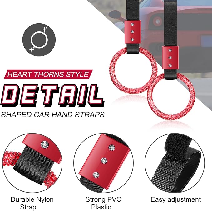 Bling Car Accessories Bling Round Handle Ring Car Accessory for Women Hand Strap Drift Charm Rear Bumper Warning Ring Decor for Auto Bus Interior Exterior Decoration(Red, Round Style)