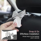 2 PCS Bling Car Seat Headrest Hooks, Crystal Rhinestone Bow Car Purse Hooks, Vehicle Seat Back Storage Hook for Handbag Purse Coat Grocery, Universal for SUV Truck Sedan (White)