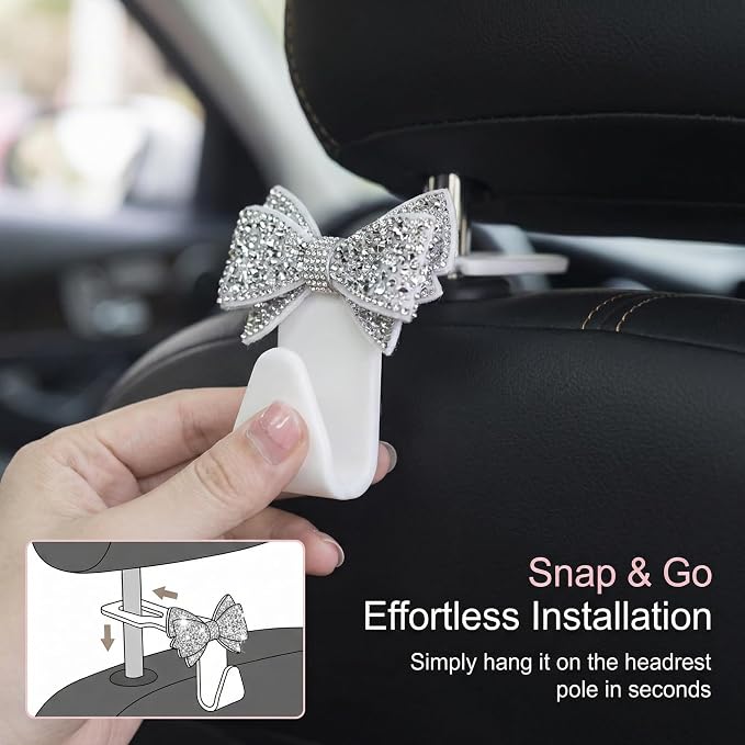 2 PCS Bling Car Seat Headrest Hooks, Crystal Rhinestone Bow Car Purse Hooks, Vehicle Seat Back Storage Hook for Handbag Purse Coat Grocery, Universal for SUV Truck Sedan (White)
