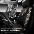 Leopard Print Faux Leather Car Seat Covers & Leopard Car Mats&Leopard Steering Wheel Cover Seat Belt Universal Car Accessories for SUV,Van,Saden,Truck Automobile Interior Sets(Gold Black)