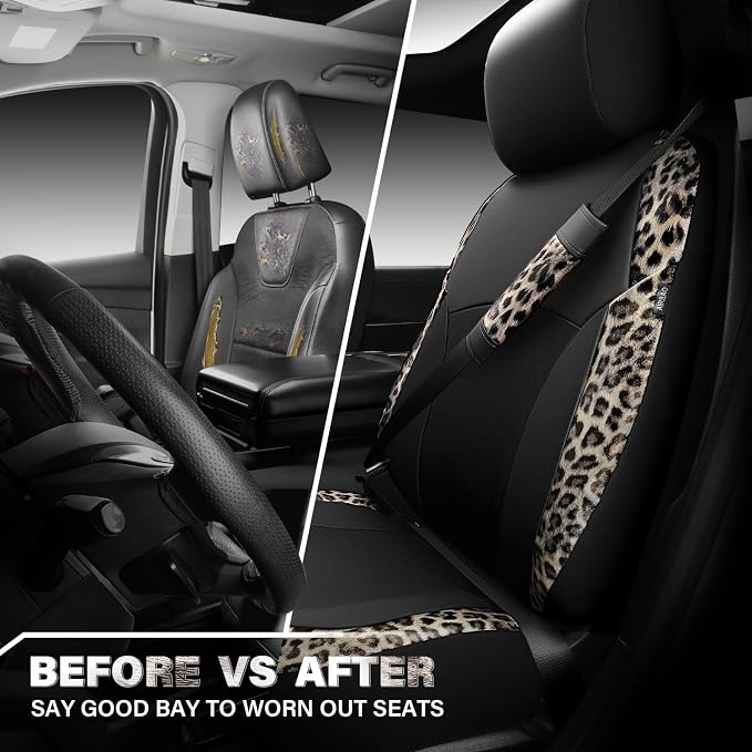 Leopard Print Faux Leather Car Seat Covers & Leopard Car Mats&Leopard Steering Wheel Cover Seat Belt Universal Car Accessories for SUV,Van,Saden,Truck Automobile Interior Sets(Gold Black)