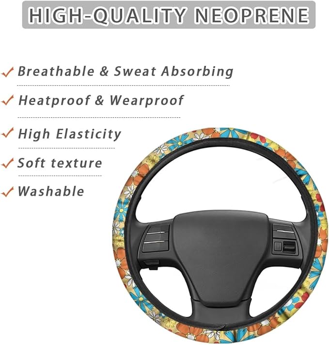 Groovy Hippie Flower Pattern Car Steering Wheel Cover with a Diameter of 15" Sports Style Auto Wheel Cover Vehicle Wheel Protector Steering Wheels Accessories for Car SUV Van Truck