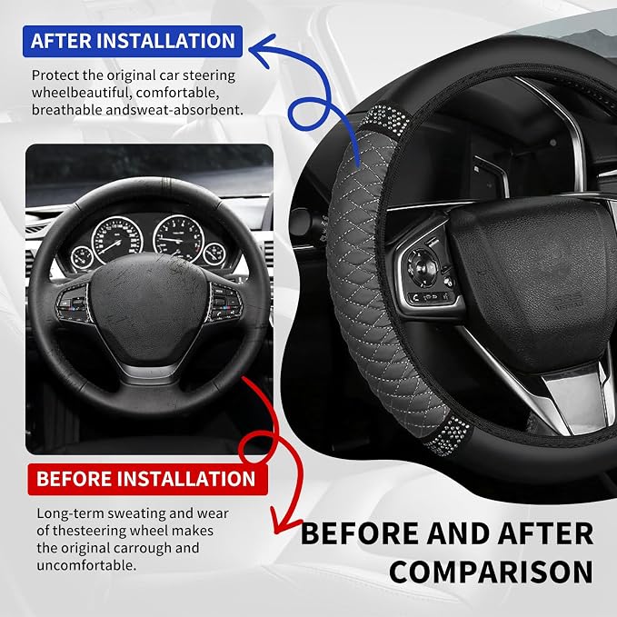Bling Car Steering Wheel Cover, 15 Inch Rhinestones Soft Leather Elastic Steering Wheel Protector, Sparkly Crystal Diamond for Women, Car Interior Accessories for Most Cars (Grey)