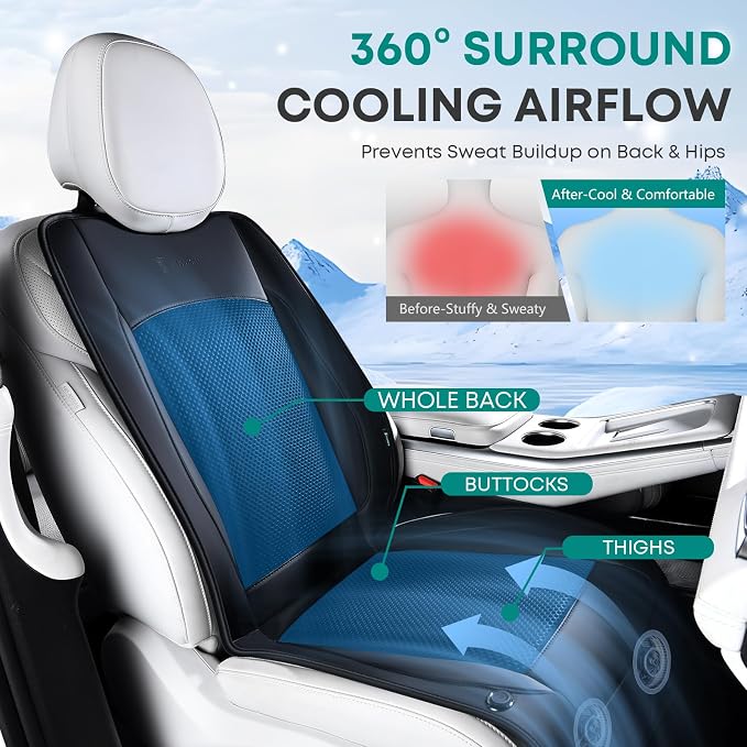Cooling Car Seat Cover Front Seat, 12V-24V Ventilated Seat Cushion, Cooling Car Seat Cushion with 2 Powerful Turbo Fans 3-Speed Adjustable for Summer Driving, Universal Fit for Car SUV Truck