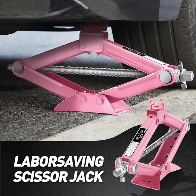 Scissor Jack for Car - 1.5 Ton (3,306 lbs) Car Jack Kit with Labor-Saving Ratchet Wrench for Cars, SUV, Sedans, 4'' - 15.2'' Lifting Range, Pink, TOOLS-00282-PK