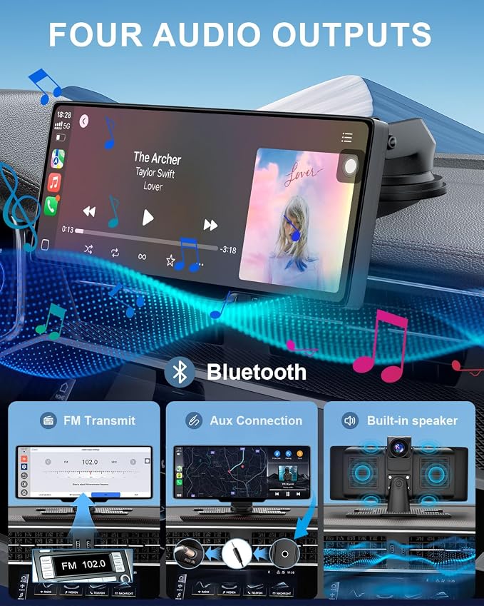 HK3 Carplay Screen for Car, 10.26’’ Wireless Apple Car Play & Android Auto Touchscreen, with 4K Dash Cam,1080P Backup Camera,64GB TF card, Car Stereo/GPS Navigation/Mirror Link/Bluetooth/Voice Control