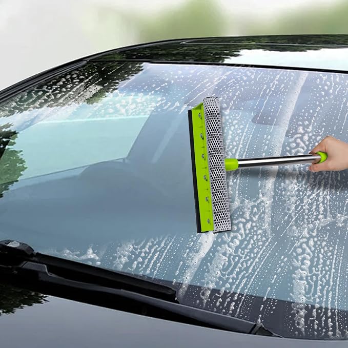 Window Squeegee with 15-24" Long Handle, 2-in-1 Squeegee Cleaner Tool, Retractable Stainless Steel Handle for Car Windshield, Shower Glass, Glass Doors, Outdoor Windows, High Windows