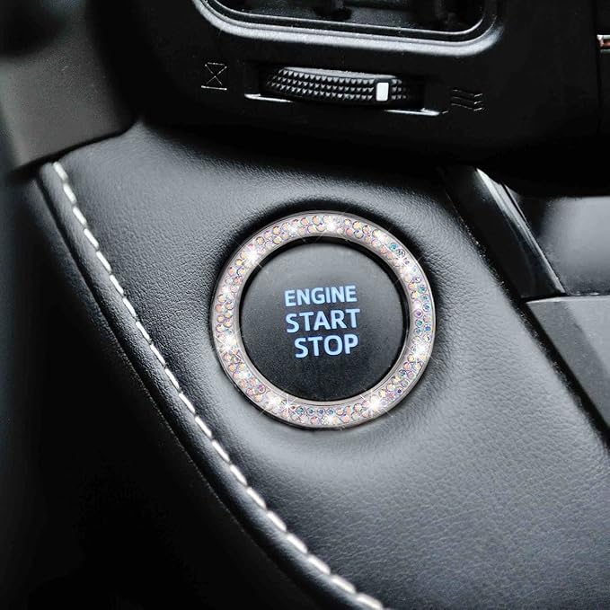 Car Bling Crystal Rhinestone Engine Start Ring Decals, 2 Pack Car Push Start Button Cover/Sticker, Key Ignition Knob Bling Ring, Sparkling Car Interior Accessories for Women (Double Multicolor)