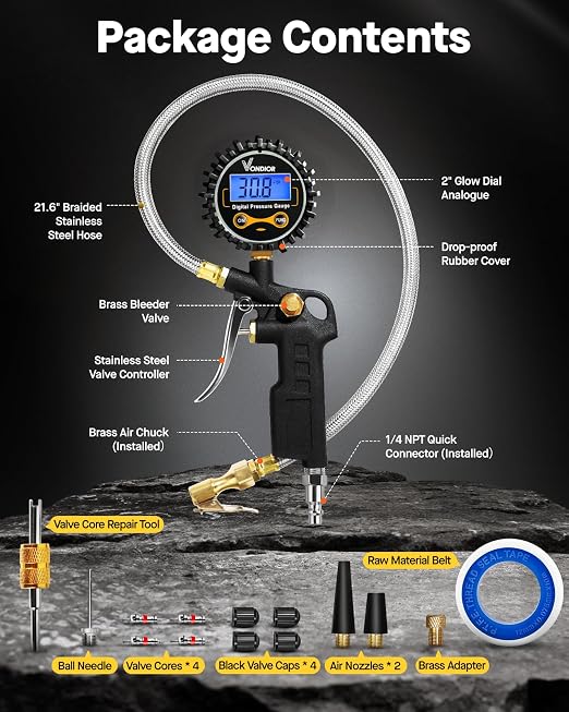 Digital Tire Pressure Gauge with Inflator, 250 PSI Heavy Duty Air Chuck with Tire Tread Depth Gauge, Stainless Steel Braided Hose with Quick Connect Coupler, Car Accessories