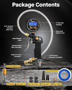 Digital Tire Pressure Gauge with Inflator, 250 PSI Heavy Duty Air Chuck with Tire Tread Depth Gauge, Stainless Steel Braided Hose with Quick Connect Coupler, Car Accessories