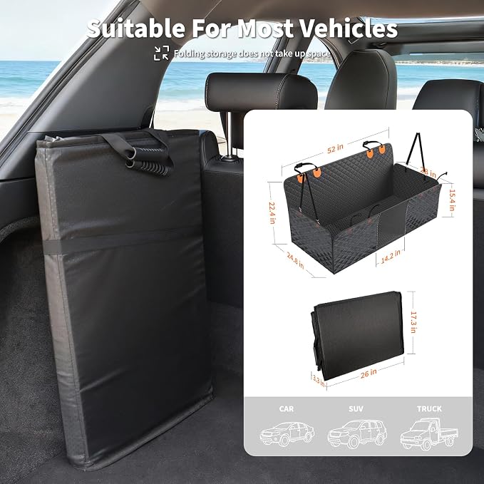 Pet Car Seat Cover, 400LBS Hard Bottom Back Seat Extender for Dogs | Waterproof Polyester, Anti-Slip Surface, 3 Removable Hard Plates, Side Storage Pockets, 4-Mode Convertible