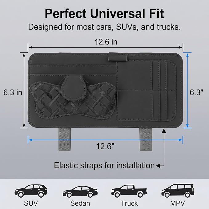 Car Sun Visor Organizer, Multi-Pocket Visor Storage Pouch for Sunglasses, Cards, Pens, Document, Waterproof Leather Auto Interior Organization Accessories, Universal for Most Cars (Black)