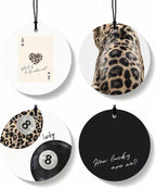 Funky Leopard Print Orange Car Air Freshener 4 Pcs, Cheetah Lucky 8 Ball Ace Card Round Hanging Air Freshener for Cars Closet Drawer Books, Girly Y2k Car Accessories Mirror Decor for Women