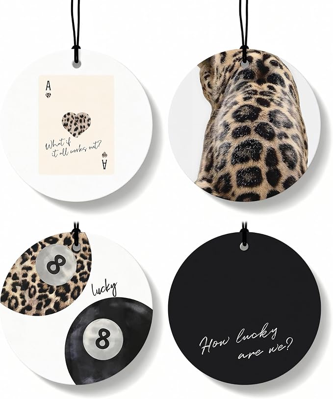 Funky Leopard Print Orange Car Air Freshener 4 Pcs, Cheetah Lucky 8 Ball Ace Card Round Hanging Air Freshener for Cars Closet Drawer Books, Girly Y2k Car Accessories Mirror Decor for Women