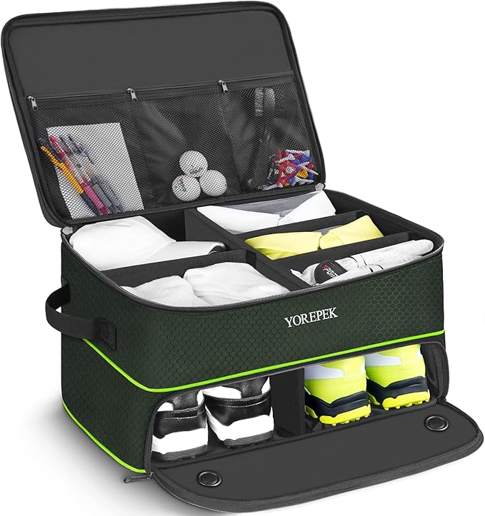 2 Layer Golf Trunk Organizer, Golf Gifts for Men with Separate Ventilated Compartment for 2 Pair Shoes, Waterproof Car Trunk Locker for Balls, Tees, Clothes, Gloves, Gifts for Golfers