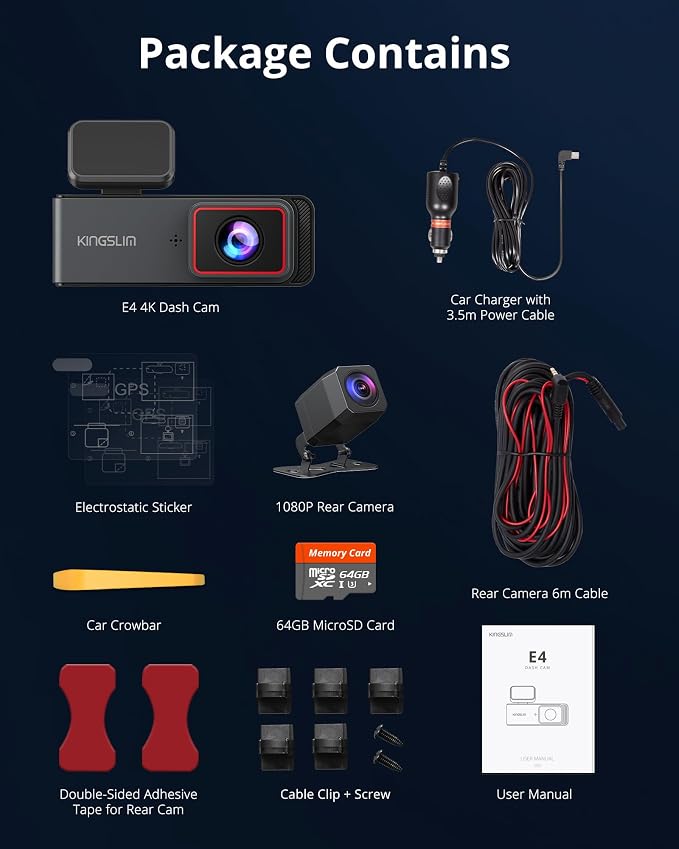 4K Dash Cam Front and Rear, Front 4K Rear 1080P Dual Dash Camera for Cars, Mini Dashcam with 64GB Card, APP Control, Night Vision, G-Sensor, Loop Recording, Parking Mode