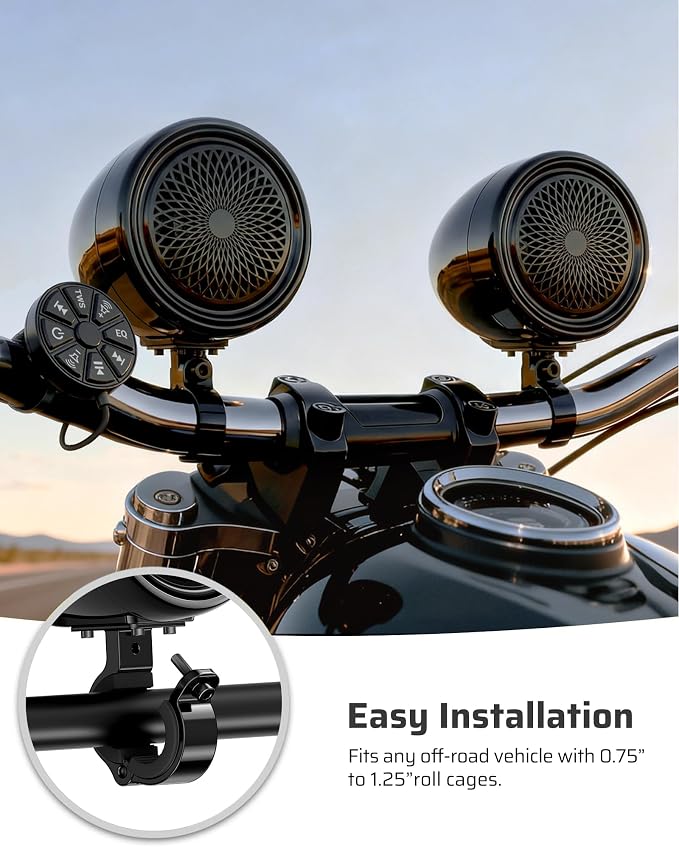 600W Motorcycle Speakers Bluetooth, 4'' Waterproof Stereo with Built-in Class-D Amplifier, Heavy Bass, USB, Wired Remote, 0.75-1.25" Universal Mount for Harley ATV UTV Golf Cart - Black