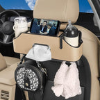 Car Back Seat Organizer with 2 Drink Cup Holder - Tissue Box and Storage Box Hook - Multi-functional Storage - Great for Kids and Travel (Beige)