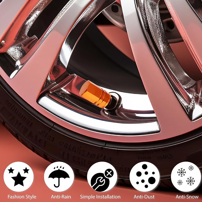 4PCS Tire Valve Stem Caps, with Rubber O-Ring, Corrosion Resistant Leak-Proof, Aluminum Alloy Universal Wheel Valve Covers for Cars, SUV, Trucks, Bikes, Motorcycles, Bicycles(Orange)