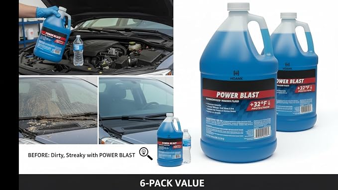 (6 Gallons) - Power Blast Windshield Washer Fluid, +32°F Protection, Blue, 1 Gallon Jug, Ready to Use (6 GALLONS, Blue Power Blast +32°F)