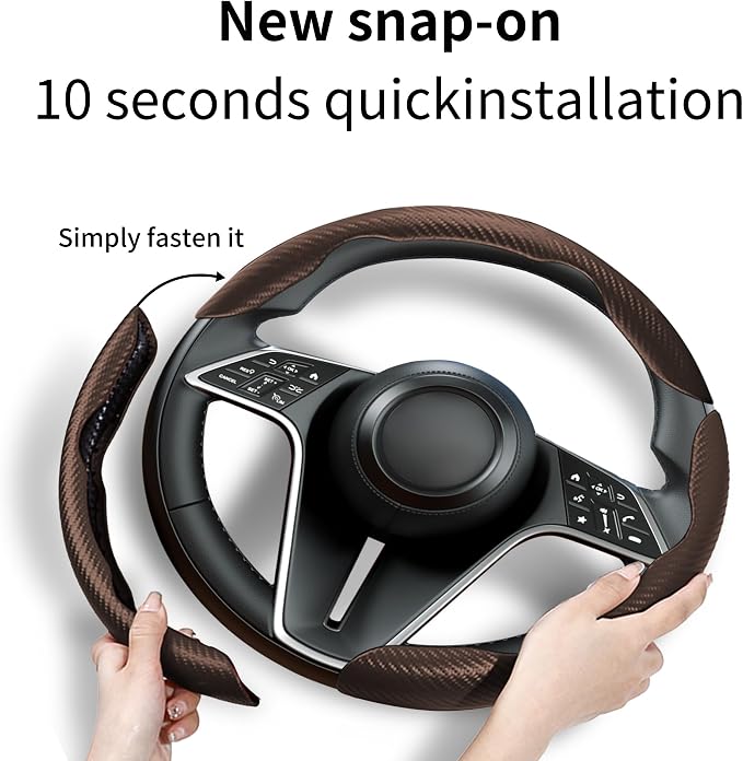 3Pcs Carbon Fiber Steering Wheel Cover Universal Fit 99% Cars | Non-slip soft grip, easy to wipe clean, quick to install, perfect for daily commutes and road trips, Brown